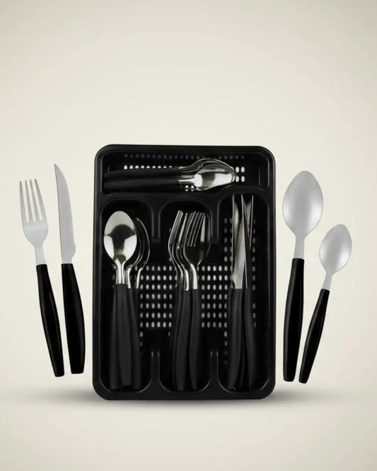 KIT DE TALHERES INOX C/ 24 PEÇAS + SUPORTE GAVETEIRO